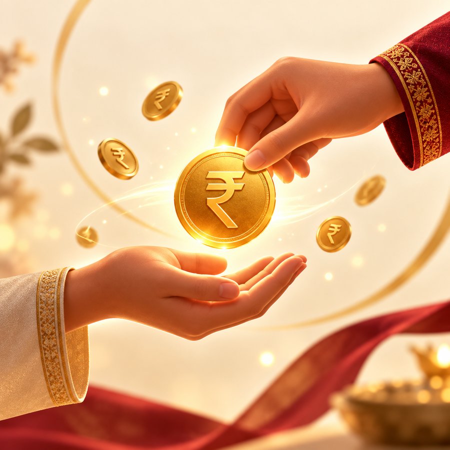 Two hands exchanging a referral bonus coin